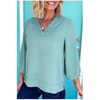 Everyday The Label Women's Moonlight Jade Frilled V Neckline Bracelet Sleeve Crinkled Blouse | Size: Large