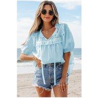 Everyday The Label Women's Mist Blue Embroidered Lace Patchwork Tie Neck Puff Short Sleeve Blouse in Duck Egg Blue | Size: Medium