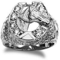Jewelco London Men's Silver Round CZ Carved Lucky Horse Shoe Head Cluster Ring | Size: Z