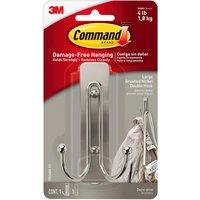 3M CLAW Command Brushed Nickel Double Decorative Hook for Indoor Use - 1 Metal Large Hook & 1 Adhesive Strip in Metallic Silver