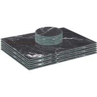 Harbour Housewares 12pc Glass Placemats & Round Coasters Set - 30 x 20cm - Marble Effect in Black | Size: 30 x 20 cm