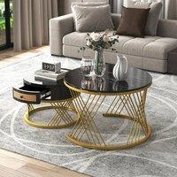 BTM 2-in-1 Round Coffee Table, MDF with Marble Veneer, Rattan Drawers