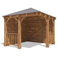 Dunster House Corner Wooden Gazebo with Roof Shingles 3m x 3m - Leviathan in Brown