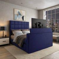 PARADISE BEDS LTD Royal Upholstered Dream Sleep Tv Bed With Ottoman Lift Storage in Dark Blue | Size: Small Double