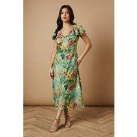 Oasis Women's Floral Satin Burnout Ruffle Midi Dress in Sage | Size: 10