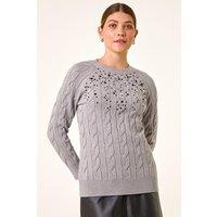 Roman Women's Embellished Cable Knit Jumper in Grey | Size: 12