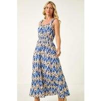 Roman Women's Petite Abstract Shirred Waist Midi Dress in Blue | Size: 18