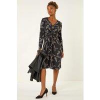 Roman Women's Floral Print Twist Front Midi Dress in Black | Size: 14