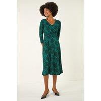 Roman Women's Speckled Print Wrap Bodice Midi Dress in Teal | Size: 18