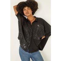 Roman Women's Sequin Buttoned Blouse in Black | Size: 10