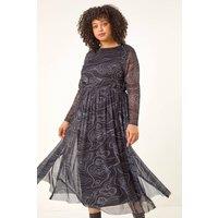 Roman Women's Curve Abstract Swirl Midi Dress in Black | Size: 26-28
