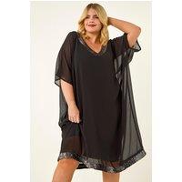 Roman Women's Curve Sequin Chiffon Overlay Dress in Black | Size: 20