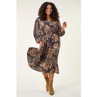 Roman Women's Curve Floral Print Midi Dress in Brown | Size: 20