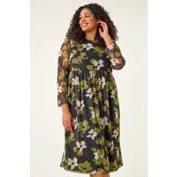 Roman Women's Curve Floral Print Mesh Midi Dress in Dark Green | Size: 16
