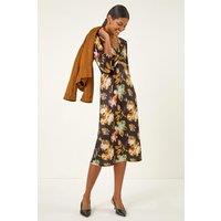 Roman Women's Floral Twist Front Midi Dress in Amber | Size: 14