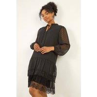 Roman Women's Petite Frill Tie Front Lace Dress in Black | Size: 18