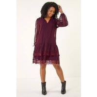 Roman Women's Petite Frill Tie Front Lace Dress in Wine | Size: 14