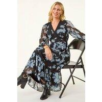 Roman Women's Petite Floral Print Trim Midi Dress in Black | Size: 12