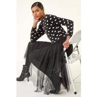 Roman Women's Polka Dot Mesh Midi Dress in Black | Size: 20