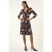 Roman Women's Floral Gathered Stretch Dress in Black | Size: 16