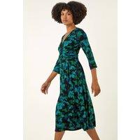 Roman Women's Abstract Print V-Neck Stretch Midi Dress in Green | Size: 18