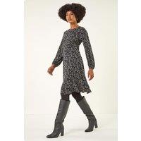 Roman Women's Floral Print Frill Stretch Dress in Black | Size: 18