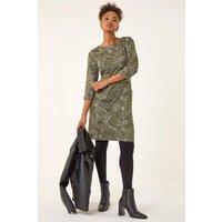 Roman Women's Paisley Print Pocket Shift Stretch Dress in Olive | Size: 20