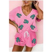 Everyday The Label Women's Bonbon Sequin Turquoise Patched V Neck Tee Drawstring Shorts 2pcs in Bright Pink | Size: Large