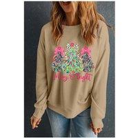 Everyday The Label Women's Khaki Merry & Bright Christmas Tree Print Pullover Sweatshirt | Size: 20