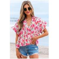 Everyday The Label Women's Pink Floral Boxy Fit Ruffled Short Sleeve V Neck Blouse | Size: Large
