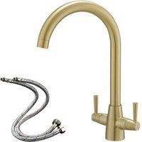 Heable Stylish Kitchen Mixer Tap Dual Lever Swivel Spout Brushed Gold