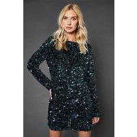 Dorothy Perkins Women's Teal Ruched Velvet Sequin Mini Dress in Green | Size: 12