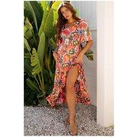 Everyday The Label Women's Rose Summer Plant Print Surpliced V Neck Ruffled Asymmetric Slit Wide | Size: Medium