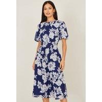 Yumi Women's Navy Flower Stretch Mesh Midi Dress With Angel Sleeves | Size: 16