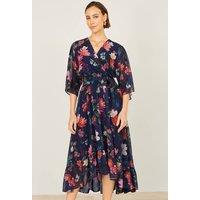 Yumi Women's Navy Floral Kimono Wrap Dress With Dip Hem | Size: 20