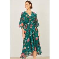 Yumi Women's Green Floral Kimono Wrap Dress With Dip Hem | Size: 10