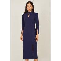 Yumi Women's Navy Fitted Midi Dress With Flute Sleeves | Size: 14