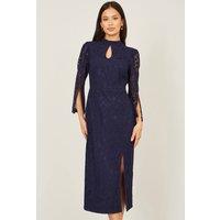 Yumi Women's Navy Lace Fitted Midi Dress With Flute Sleeves | Size: 10
