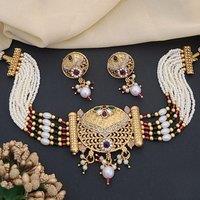 The Colourful Aura Women's Traditional Ethnic Multi Strand White Pearl Dangle Diana Choker in Gold