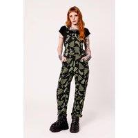 Hell Bunny Women's Gaia Black Cotton Foliage & Celestial Print Stretch Dungarees | Size: Medium