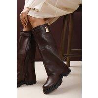 Where's That From Women's 'Brescia' Fold Over Knee High Chunky Sole Boots in Brown | Size: 4