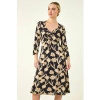 Roman Women's Petite Floral Gathered Stretch Midi Dress in Black | Size: 16