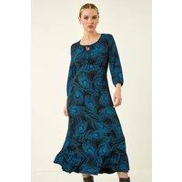 Roman Women's Petite Feather Print Keyhole Midi Dress in Blue | Size: 18