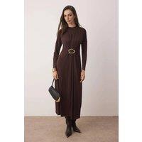 WOVCOR Women's High Neck Stretch Knit Midi Dress with Buckle Detail in Brown | Size: Medium