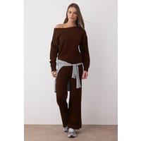 WOVCOR Women's Boat Neck Knit Sweater & Wide Leg Trousers Co-Ord Set in Brown | Size: Medium
