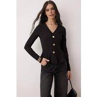 WOVCOR Women's V-Neck Button Front Peplum Stretch Knit Blouse in Black | Size: XS
