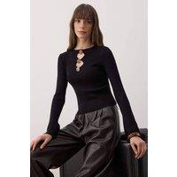 WOVCOR Women's Cut Out Detail Button Front Ribbed Knit Sweater in Black | Size: S/M