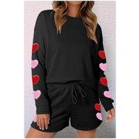 Everyday The Label Women's Black Heart Patch Long Sleeve Top & Shorts Textured 2pcs Set | Size: XL