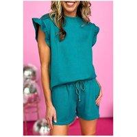Everyday The Label Women's Skobeloff Textured Ruffle Split Top & Drawstring Shorts in Teal | Size: Small