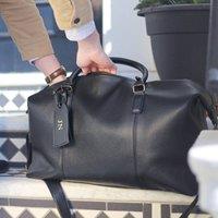 Duncan Stewart Men's Personalised Luggage Tag & PU Leather Holdall Set in Black